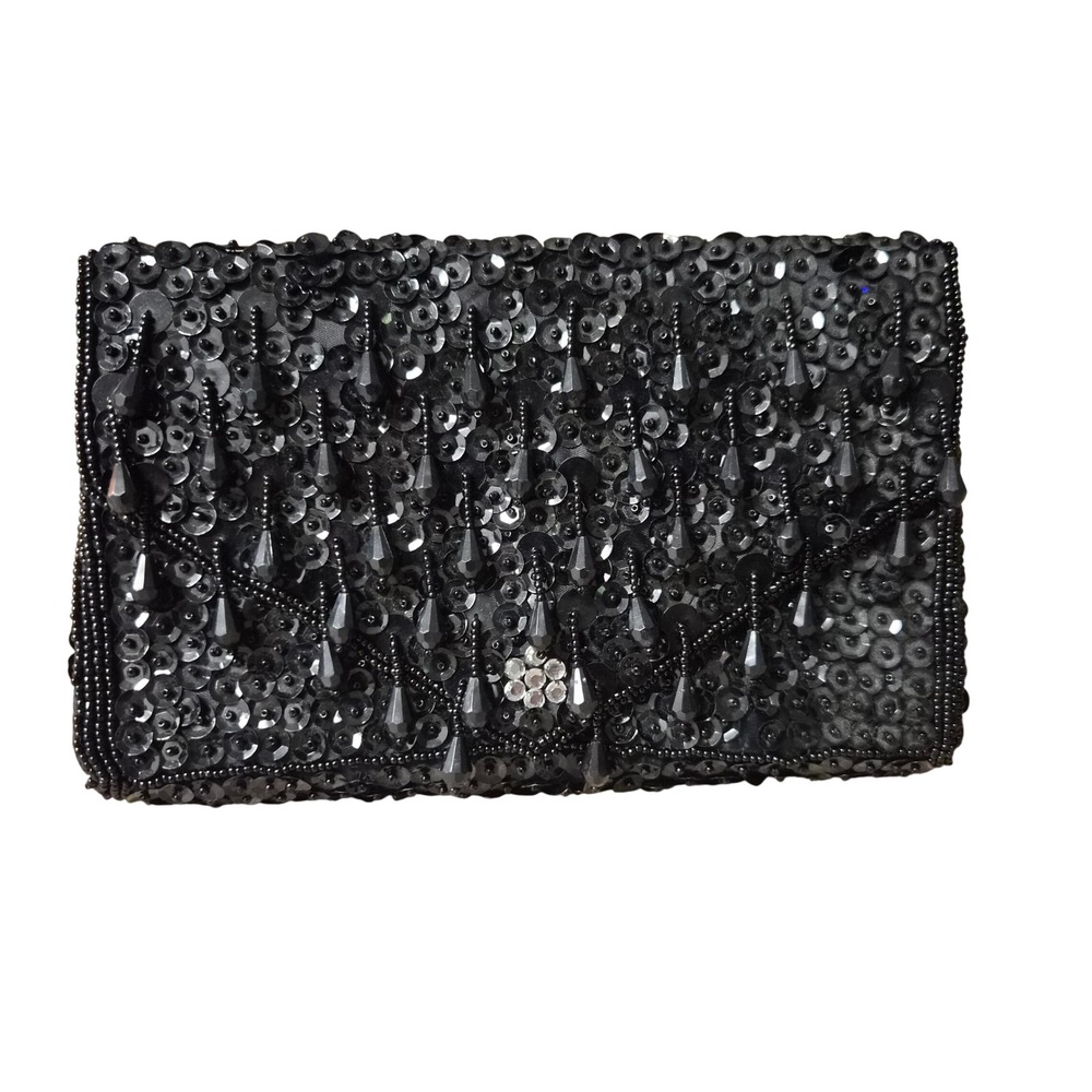 Vintage Black Sequin Beaded Evening Clutch Bag Rhinestone Flower Formal Purse